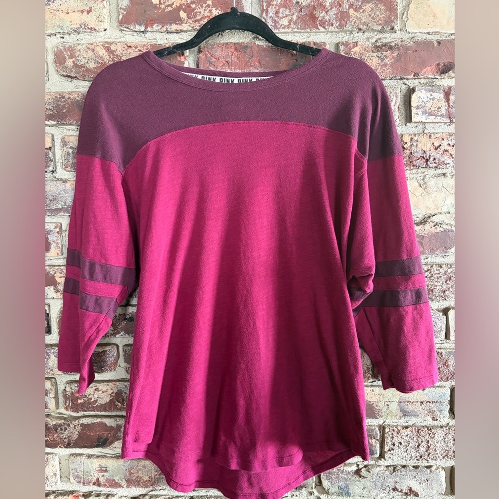 Victoria’s Secret PINK Varsity Stripe Campus Long Sleeve Tee Pink Burgundy M